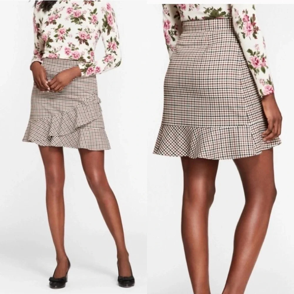 Brooks Brothers Red Fleece Checked Wool Blend Ruffle Skirt Size 2